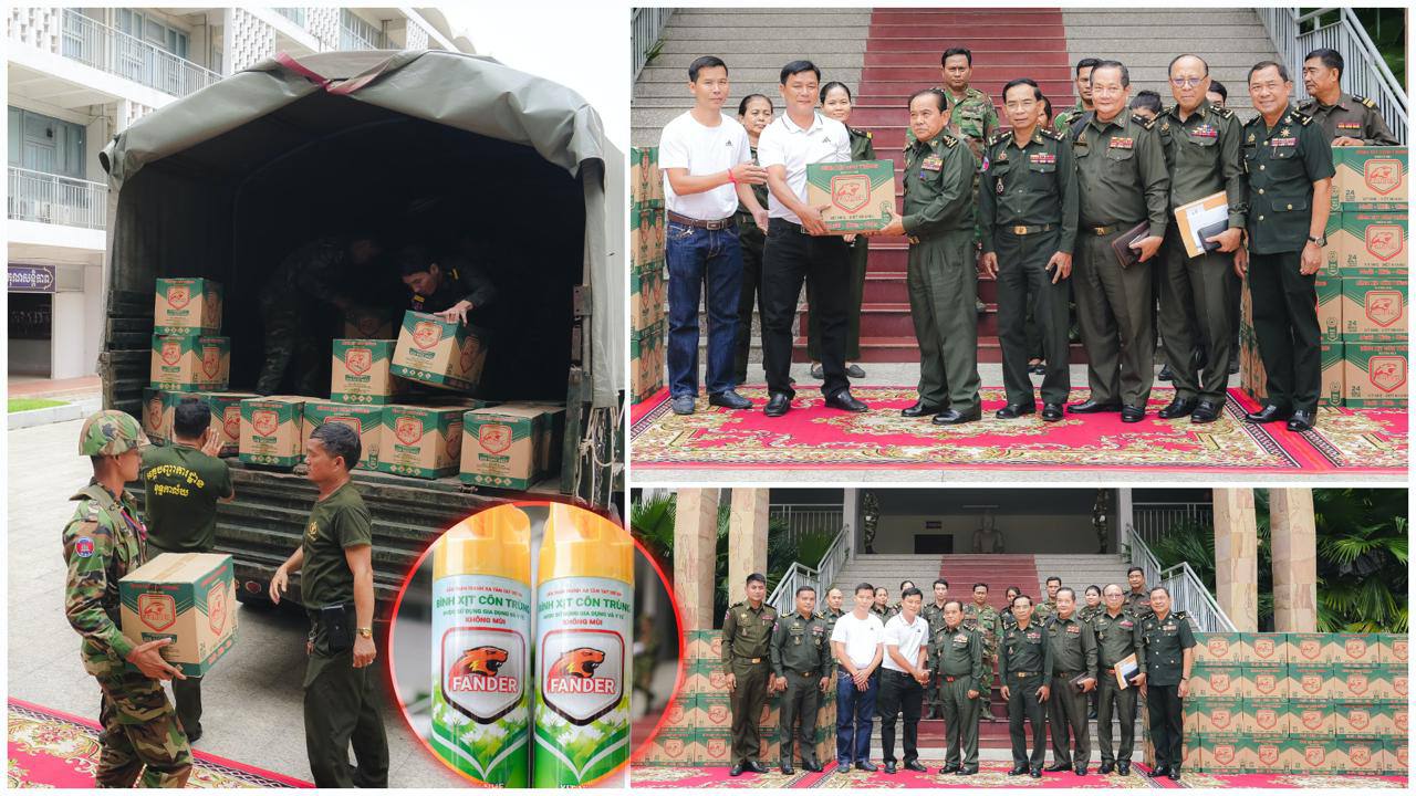 អគ្គបញ្ជាការដ្ឋាន នៃកងយោធពលខេមរភូមិន្ទ ទទួលថ្នាំបាញ់មូស ១០០កេស ពីក្រុមហ៊ុន ទុំ ឡៅហេង ឧបត្ថម្ភដល់កងទ័ពជួរមុខ