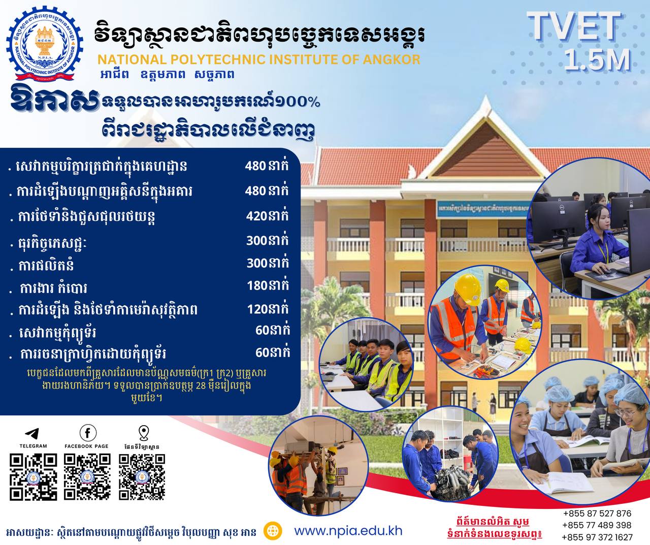 វិទ្យាស្ថានជាតិពហុបច្ចេកទេសអង្គរ ប្រកាសផ្ដល់អាហារូបករណ៍ ១០០% ចំនួន ២,៤០០កន្លែង លើការបណ្ដុះបណ្ដាលជំនាញវិជ្ជាជីវៈកម្រិត១ ដល់យុវជនមកពីគ្រួសារក្រីក្រ និងគ្រួសារងាយរង ហានិភ័យ រួមទាំងប្រាក់ឧបត្ថម្ភប្រចាំខែ