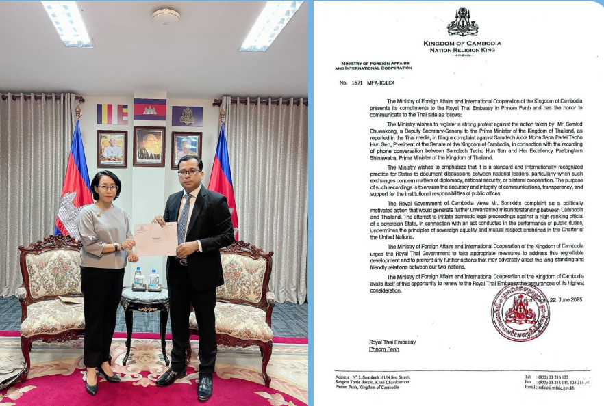 ក្រសួងការបរទេសកម្ពុជាធ្វើការតវ៉ាចំពោះចំណាត់ការរបស់អគ្គលេខាធិការរងនៃនាយករដ្ឋមន្ត្រីថៃដាក់ពាក្យបណ្តឹងប្រឆាំងនឹងសម្តេចតេជោពាក់ព័ន្ធនឹងការថតសំឡេងសន្ទនាតាមទូរស័ព្ទជាមួយលោកជំទាវ ប៉ៃ តុងតាន