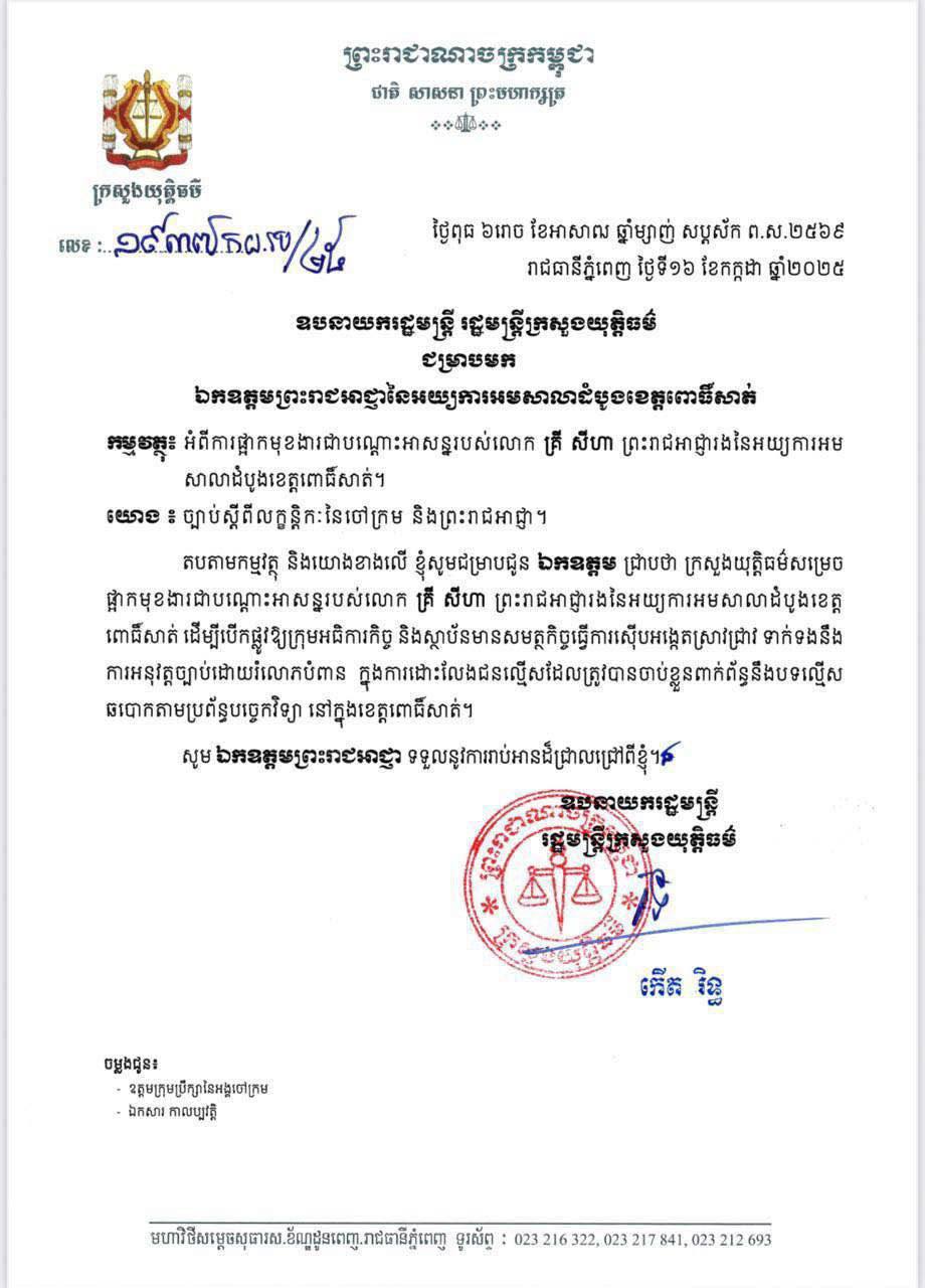រដ្ឋមន្ត្រីក្រសួងយុត្តិធម៌សម្រេចផ្អាកមុខងារជាបណ្តោះអាសន្ន លោក គ្រី សីហា ព្រះរាជអាជ្ញារងនៃអយ្យការអម សាលាដំបូងខេត្តពោធិ៍សាត់