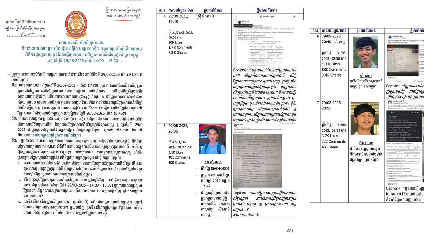 អង្គភាពប្រឆាំងអំពើពុករលួយកំពុងស្រាវជ្រាវអ្នកបង្ហោះ បែកធ្លាយវិញ្ញាសាគណិតវិទ្យា ក្នុងការប្រឡងបាក់ឌុប