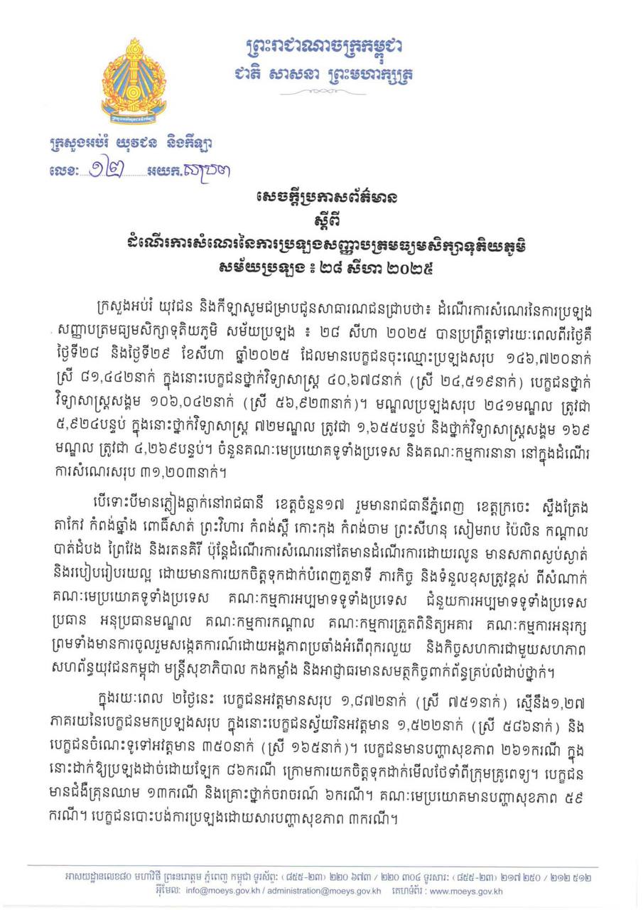 ក្រសួងអប់រំ យុវជន និងកីឡា ចេញសេចក្ដីប្រកាសព័ត៌មាន ស្ដីពីដំណើរការសំណេរ នៃការប្រឡងសញ្ញាបត្រមធ្យមសិក្សាទុតិយភូមិសម័យប្រឡង ៖ ២៨ សីហា ២០២៥