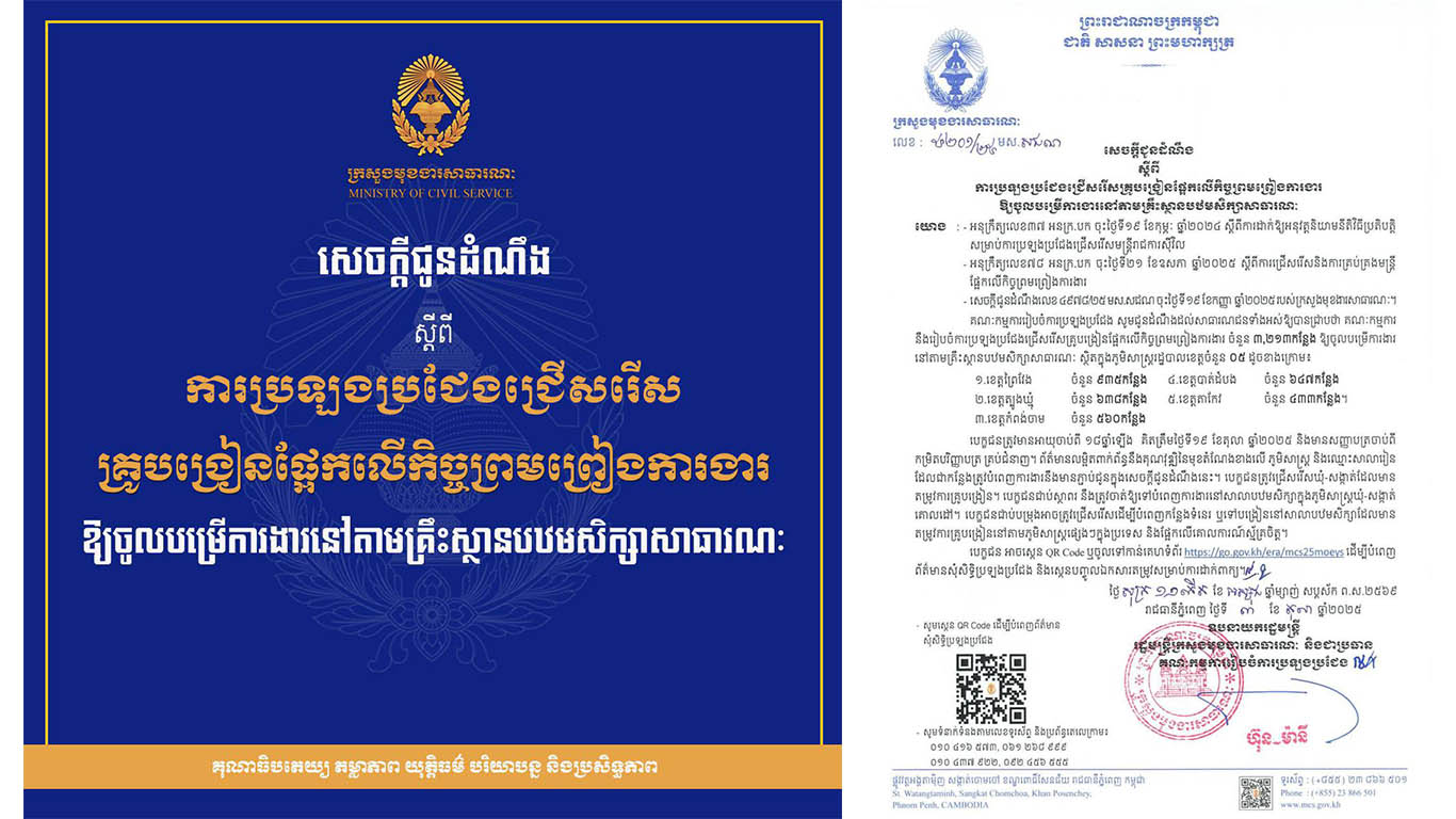គណៈកម្មការរៀបចំការប្រឡងប្រជែង នឹងរៀបចំការប្រឡងប្រជែងជ្រើសរើស «គ្រូបង្រៀនផ្អែកលើកិច្ចព្រមព្រៀងការងារ» ចំនួន ៣,២១៣កន្លែង ឱ្យចូលបម្រើការងារនៅតាមគ្រឹះស្ថានបឋមសិក្សាសាធារណៈ ស្ថិតក្នុងភូមិសាស្ត្ររដ្ឋបាលខេត្តចំនួន៥