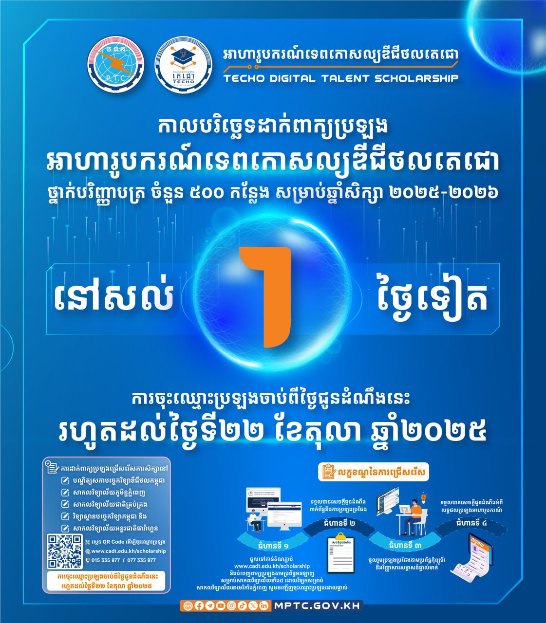 នៅសល់ពេល ១ថ្ងៃទៀត ផុតកំណត់កាលបរិច្ឆេទនៃការចុះឈ្មោះដាក់ពាក្យប្រឡង អាហារូបករណ៍ទេពកោសល្យឌីជីថលតេជោ ថ្នាក់បរិញ្ញាបត្រ ចំនួន៥០០កន្លែង សម្រាប់ឆ្នាំ២០២៥-២០២៦ ហើយ!