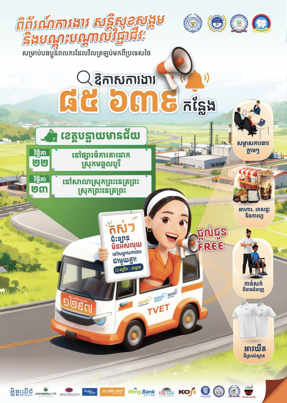 ក្រសួងការងារនឹងបើកពិព័រណ៍ការងារ សន្តិសុខសង្គម និង​បណ្តុះបណ្តាលវិជ្ជាជីវៈ ដោយនាំយកឱកាស​ការងារ​រាប់ម៉ឺនកន្លែងជូនអតីតពលករមកពីថៃនៅខេត្តបន្ទាយមានជ័យ