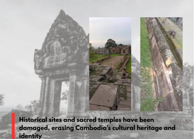 ការវាយប្រហារដោយមិនរើសមុខរបស់ថៃមកលើកម្ពុជា បានបង្កនូវការខូចខាតយ៉ាងដំណំមកលើប្រាសាទព្រះវិហារ