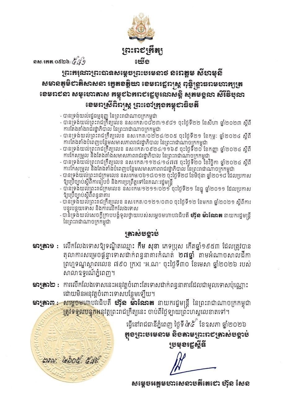 លោក កឹម សុខា បានទទួលនូវលើកលែងទោស