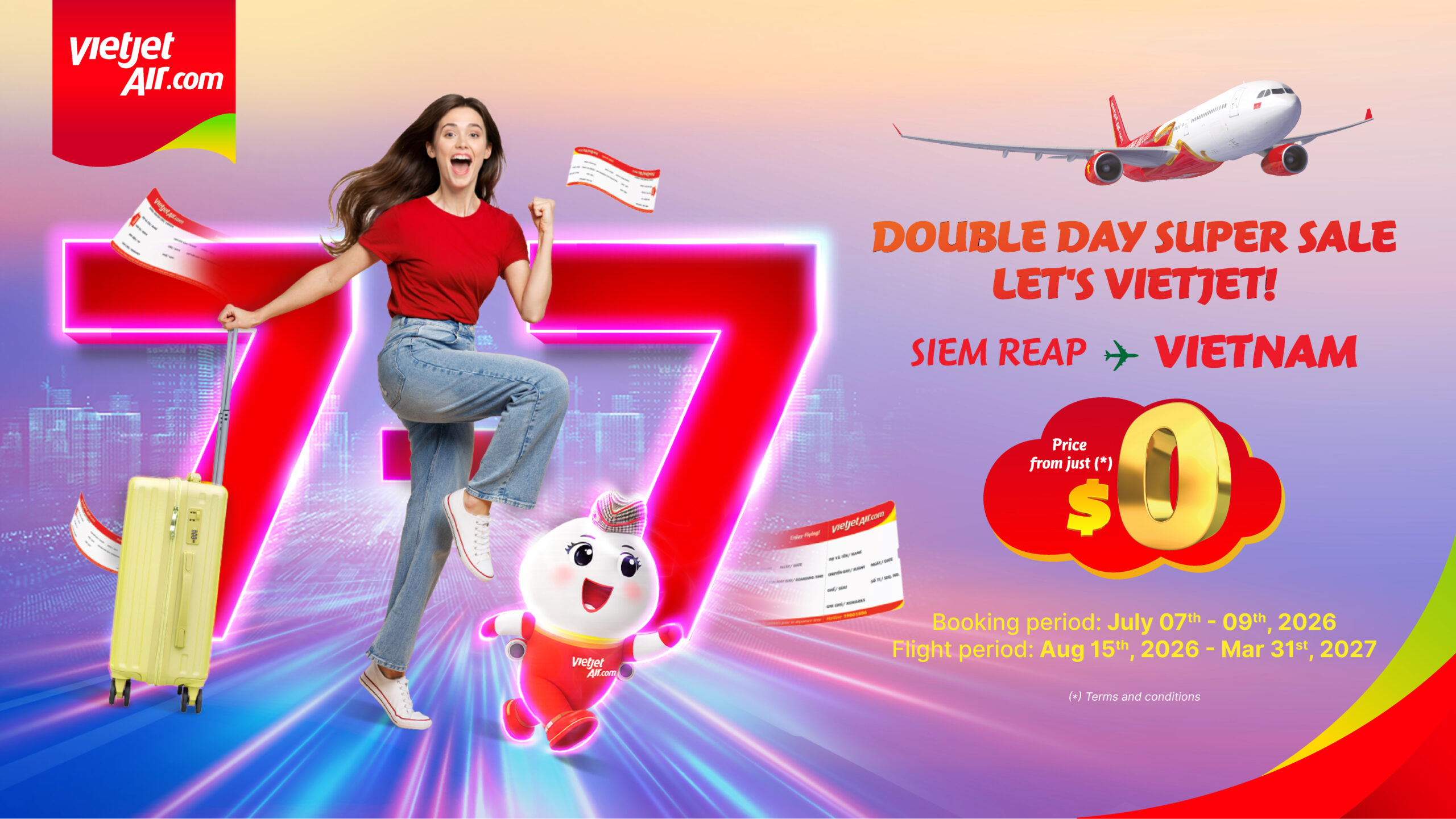 Vietjet លក់សំបុត្របញ្ចុះតម្លៃថ្ងៃទី៧ខែ៧ ដែលមានតម្លៃចាប់ពី 0 និង 20% លើតម្លៃសំបុត្រថ្នាក់ពិសេស
