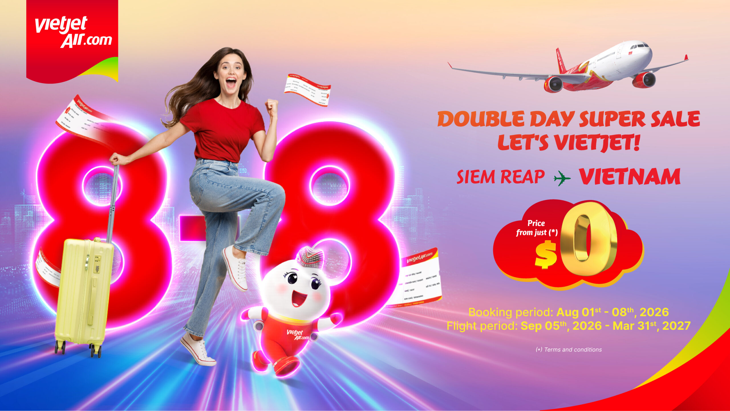 Vietjet ដែលជាក្រុមហ៊ុនឈ្នះពានរង្វាន់ជាច្រើន ផ្តល់ជូនប្រូម៉ូសិនបញ្ចុះតម្លៃសំបុត្រថ្នាក់អេកូរយៈពេលមួយសប្តាហ៍ដែលមានតម្លៃចាប់ពី ០ ដុល្លារអាមេរិក សម្រាប់អ្នកធ្វើដំណើរពីប្រទេសកម្ពុជា