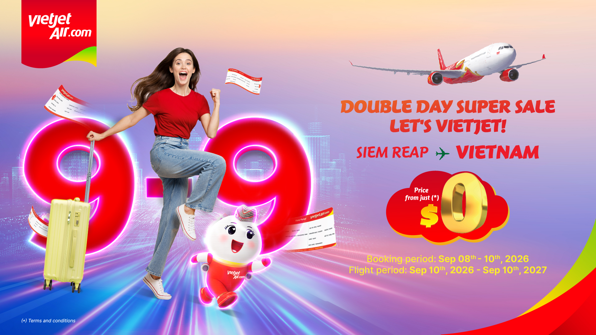 Vietjet លក់សំបុត្របញ្ចុះតម្លៃថ្ងៃទី៩ ខែ៩៖ ធ្វើដំណើរពីសៀមរាបទៅកាន់ហាណូយ តម្លៃសំបុត្រចាប់ពីត្រឹមតែ 0 ដុល្លារអាមេរិកប៉ុណ្ណោះ
