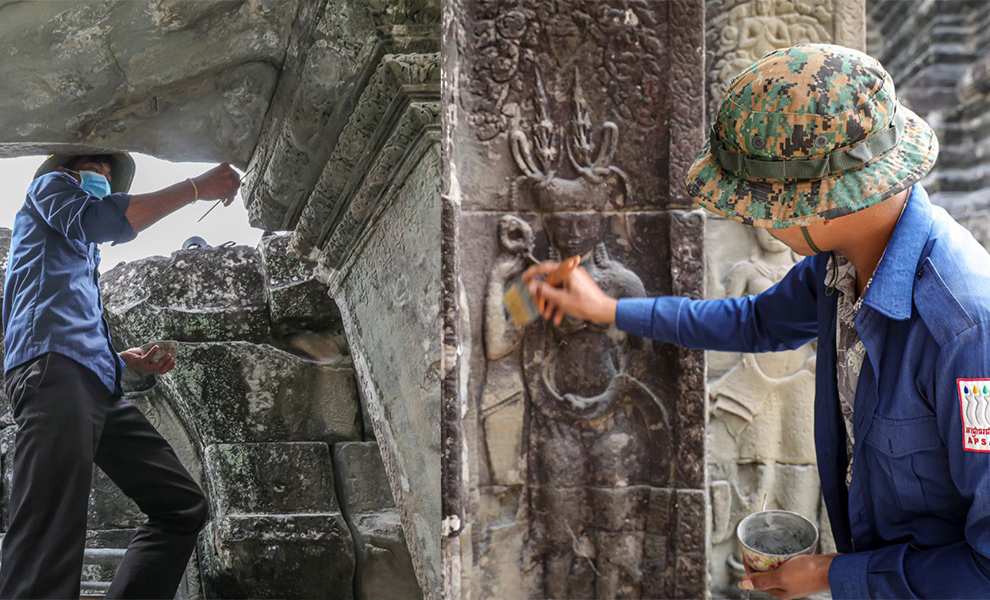 អ្នកជំនាញកំពុងព្យាបាលថ្មពុកផុយនៅបណ្ណាល័យខាងជើង នៃជាន់ទី២ប្រាសាទអង្គរវត្ត